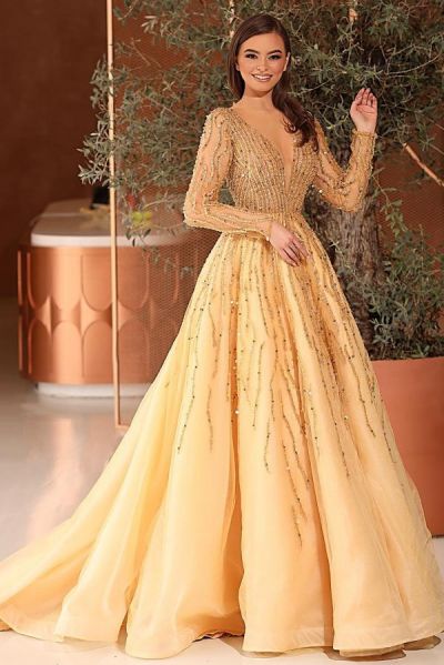 A-line V-neck Long Sleeves Floor-length Tulle Formal Dress With Crystal