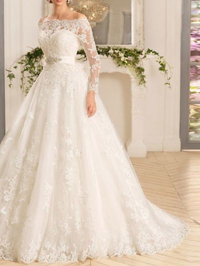 A-line Long Sleeves Court Train Tulle Bridal Gown With Buttons