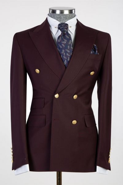 Burgundy Double Breasted Men Suit with Peaked Lapel
