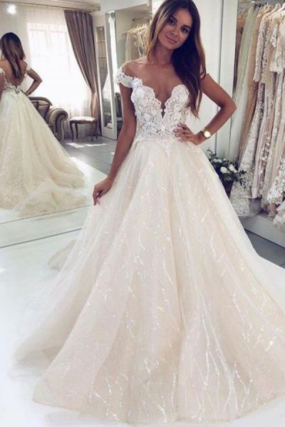 A-line Off-the-shoulder Sleeveless Sweep / Brush Train Tulle Bridal Dress With Lace