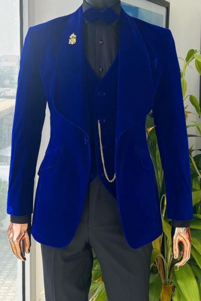 Dark Blue Velvet Three Pieces Men Suit for Wedding with Shawl Lapel