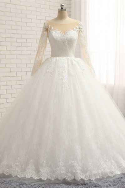 Ball Gown Long Sleeves Floor-length Tulle Bridal Dress With Appliques
