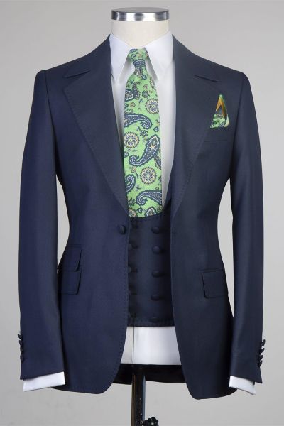 Navy Three Pieces Men Suit with Peaked Lapel