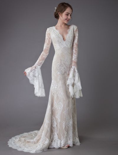 Column Plunging Neckline Long Sleeves Court Train Lace Bridal Dress With Lace