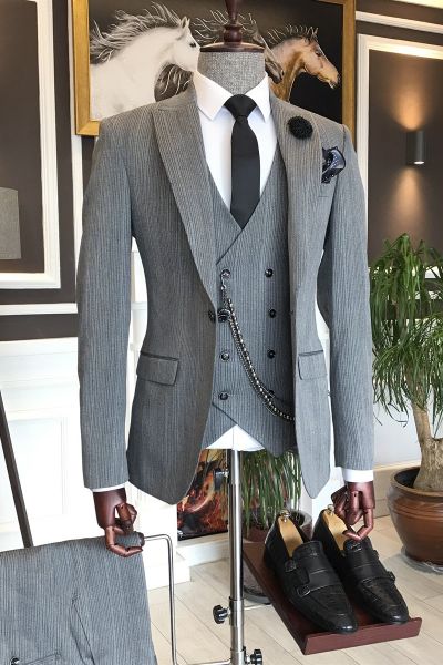 Grey One Button Peaked Lapel Business Men Suit