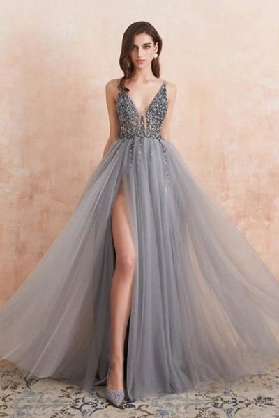Column V-neck Sleeveless Floor-length Tulle Formal Dress With Beading