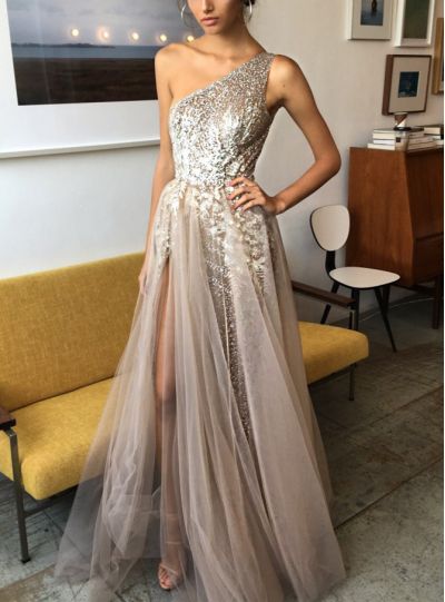 A-line One Shoulder Sleeveless Floor-length Tulle Formal Dress With Sequins