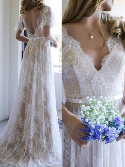 A-line V-neck Short Sleeves Sweep / Brush Train Bridal Dress With Lace