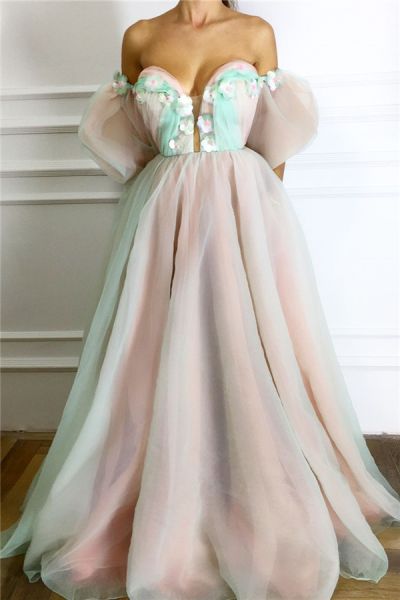 A-line Plunging Neckline Short Sleeves Floor-length Tulle Evening Gown With Flower(s)