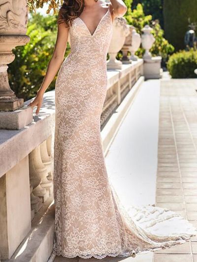 Mermaid Sleeveless Sweep / Brush Train 100D Chiffon Wedding Gown With Lace