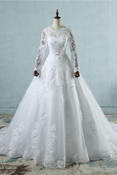 A-line Bateau Neck Long Sleeves Floor-length Tulle Wedding Dress With Lace