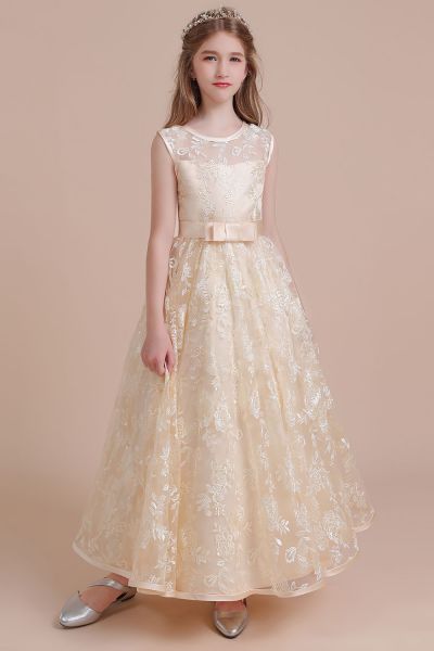 A-line Jewel Neck Sleeveless Ankle-length Tulle Flower Girl Dress With Embroidery