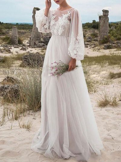 A-line Long Sleeves Sweep / Brush Train Lace Bridal Attire With Lace