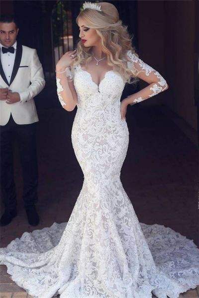 Mermaid V-neck Court Train Wedding Gown With Lace