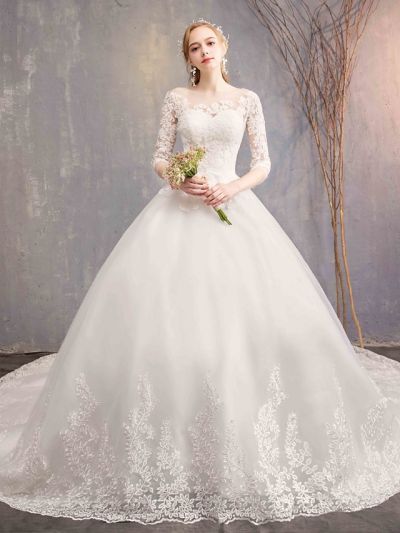 Ball Gown Half-Sleeves Chapel Train Lace Bridal Gown With Lace