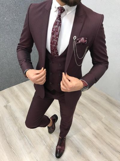 Burgundy Single Breasted Men's Suit with Peaked Lapel for Prom