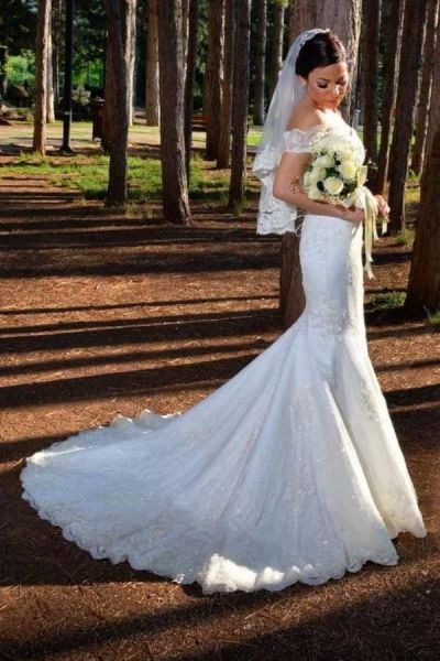 Mermaid Off-the-shoulder Sleeveless Chapel Train Lace Bridal Gown With Pearls