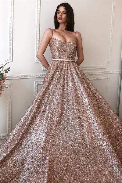 A-line Spaghetti Straps Sleeveless Floor-length Evening Gown With Sequins