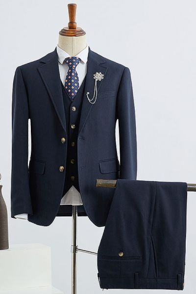 Navy Blue Notched Lapel 2 Buttons Slim Fit Bespoke Suit