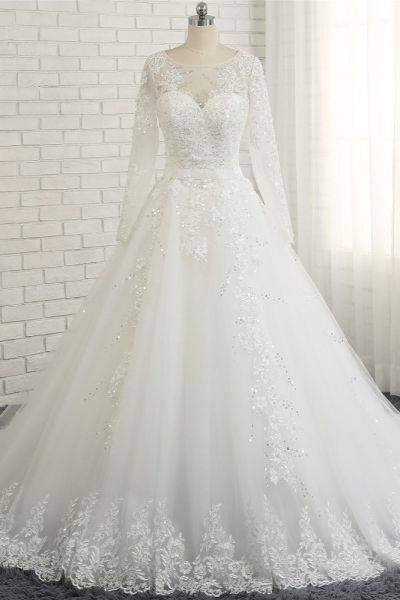 A-line Jewel Neck Long Sleeves Floor-length Tulle Wedding Dress With Sequins