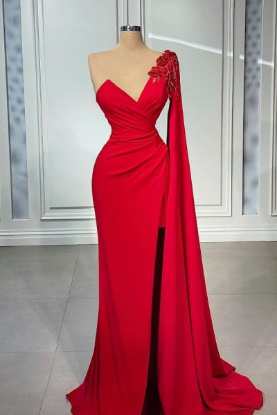 Mermaid One Shoulder Sleeveless Floor-length Stretch Satin Formal Dress With Ruffles