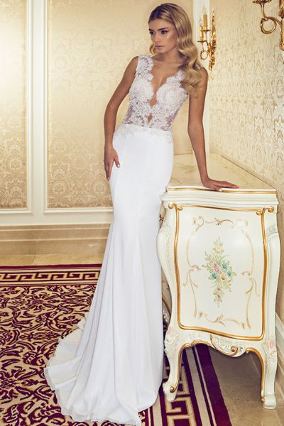 Mermaid V-neck Sleeveless Sweep / Brush Train 100D Chiffon Wedding Gown With Lace