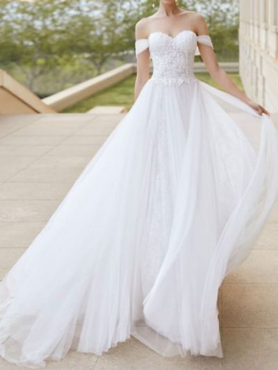 A-line Short Sleeves Court Train Lace Wedding Dress With Lace