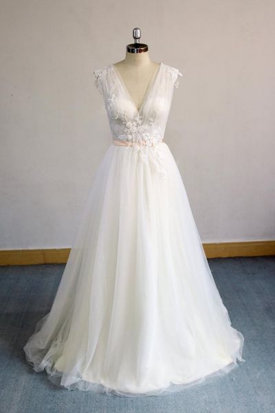 A-line V-neck Sleeveless Floor-length Tulle Bridal Attire With Ribbons
