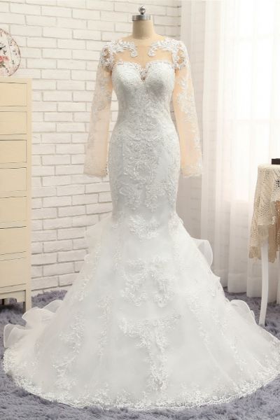 Mermaid Jewel Neck Long Sleeves Court Train Stretch Satin Wedding Gown With Lace