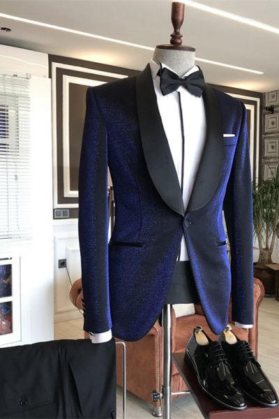 Navy Blue Sparkly Wedding Men's Suit with Shawl Lapel