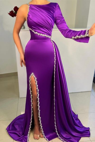 Mermaid One Shoulder Long Sleeves Floor-length Stretch Satin Prom Dress With Ruffles