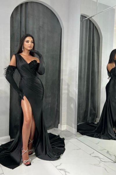 Mermaid One Shoulder Sleeveless Floor-length Stretch Satin Prom Gown With Ruffles