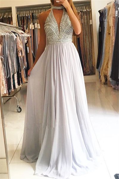 A-line High Neck Sleeveless Sweep / Brush Train 100D Chiffon Formal Dress With Crystal