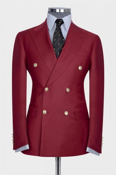 Red Double Breasted Peaked Lapel Bespoke Men Suit for Prom