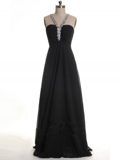 A-line Halter-neck Sleeveless Floor-length 100D Chiffon Formal Dress With Beading