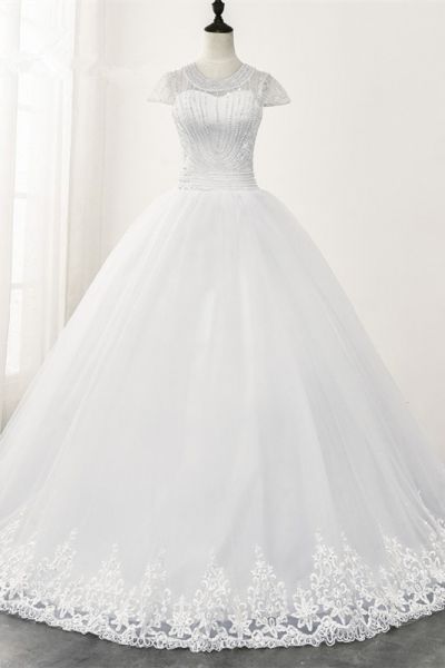 Ball Gown Jewel Neck Short Sleeves Floor-length Tulle Bridal Attire With Lace