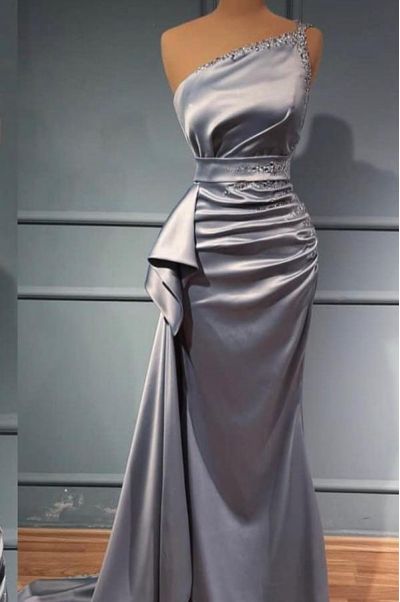 Mermaid One Shoulder Sleeveless Floor-length Stretch Satin Evening Gown With Beading