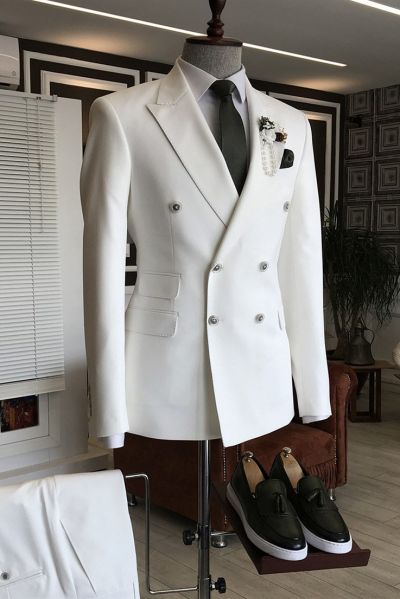 White Double Breasted Business Men Suit with Peaked Lapel