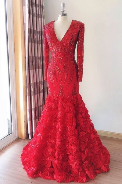 A-line V-neck Long Sleeves Floor-length Evening Gown With Sequins