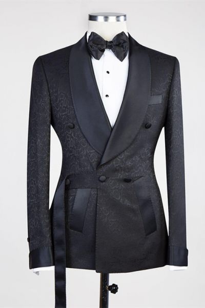 Black Double Breasted Jacuqard Wedding Suit with Shawl Lapel
