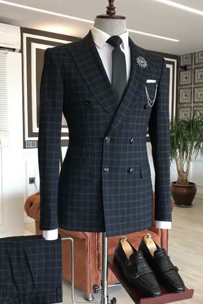 Black Plaid Double Breasted Business Suit