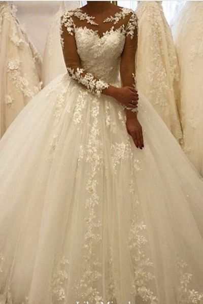 A-line Jewel Neck Long Sleeves Floor-length Tulle Bridal Gown With Lace
