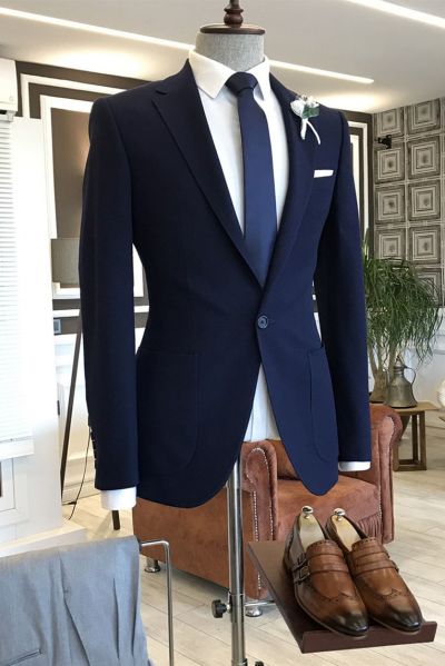 Dark Blue Business Suit with Notched Lapel and Two Flaps