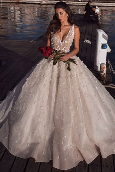 Ball Gown V-neck Sleeveless Sweep / Brush Train Bridal Gown With Flower(s)