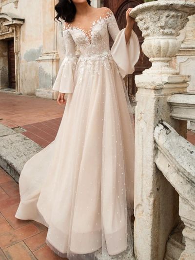 A-line V-neck Long Sleeves Court Train Lace Wedding Gown With Lace