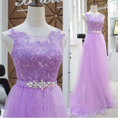 A-line Jewel Neck Sleeveless Sweep / Brush Train Tulle Formal Dress With Crystal
