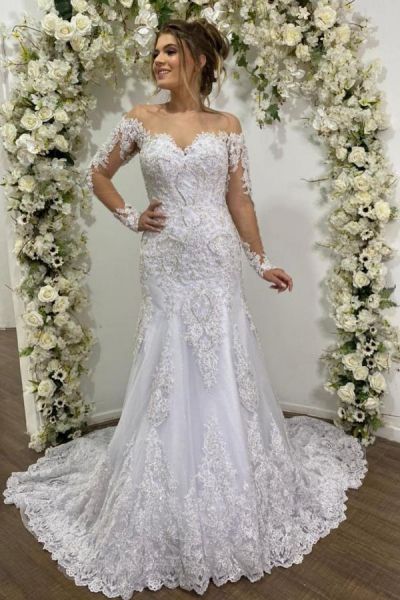 Mermaid Jewel Neck Long Sleeves Chapel Train Lace Wedding Gown With Lace