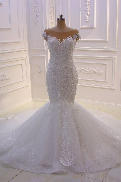 Mermaid Jewel Neck Sleeveless Floor-length Tulle Bridal Attire With Appliques