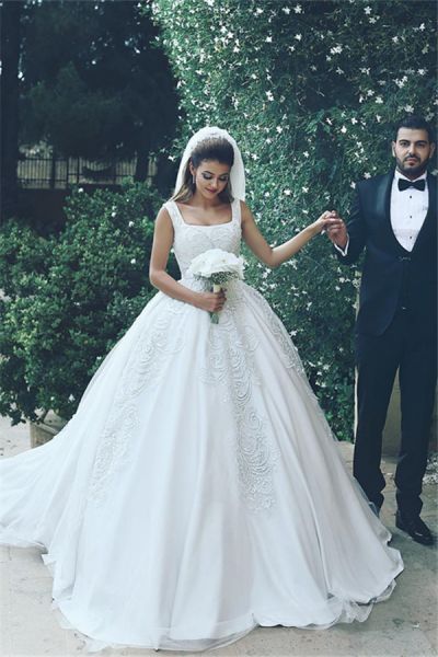 Ball Gown Square Neck Sleeveless Cathedral Train Tulle Wedding Gown With Appliques