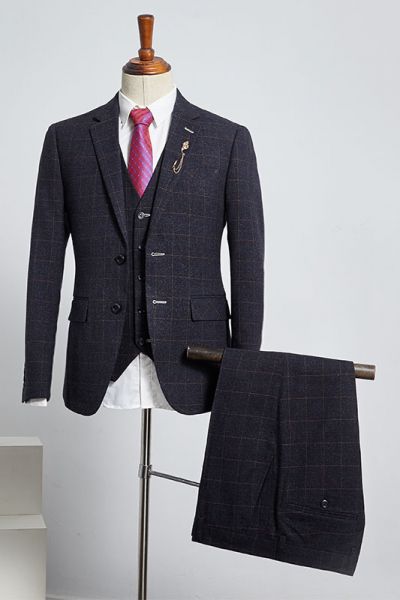 Black Plaid Slim Fit Custom Business Suit For Men